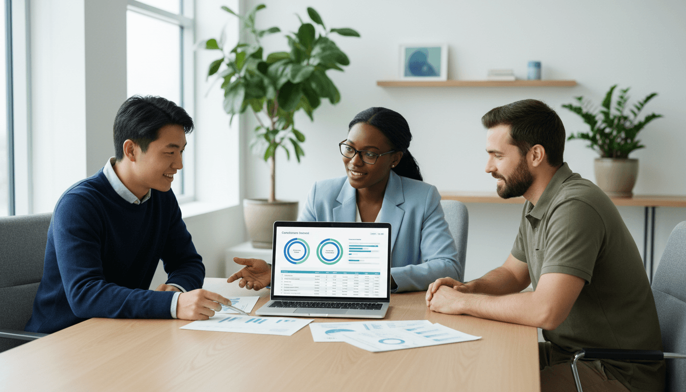 Three diverse professionals collaborating at conference table reviewing internship placement documents and digital coordination dashboards