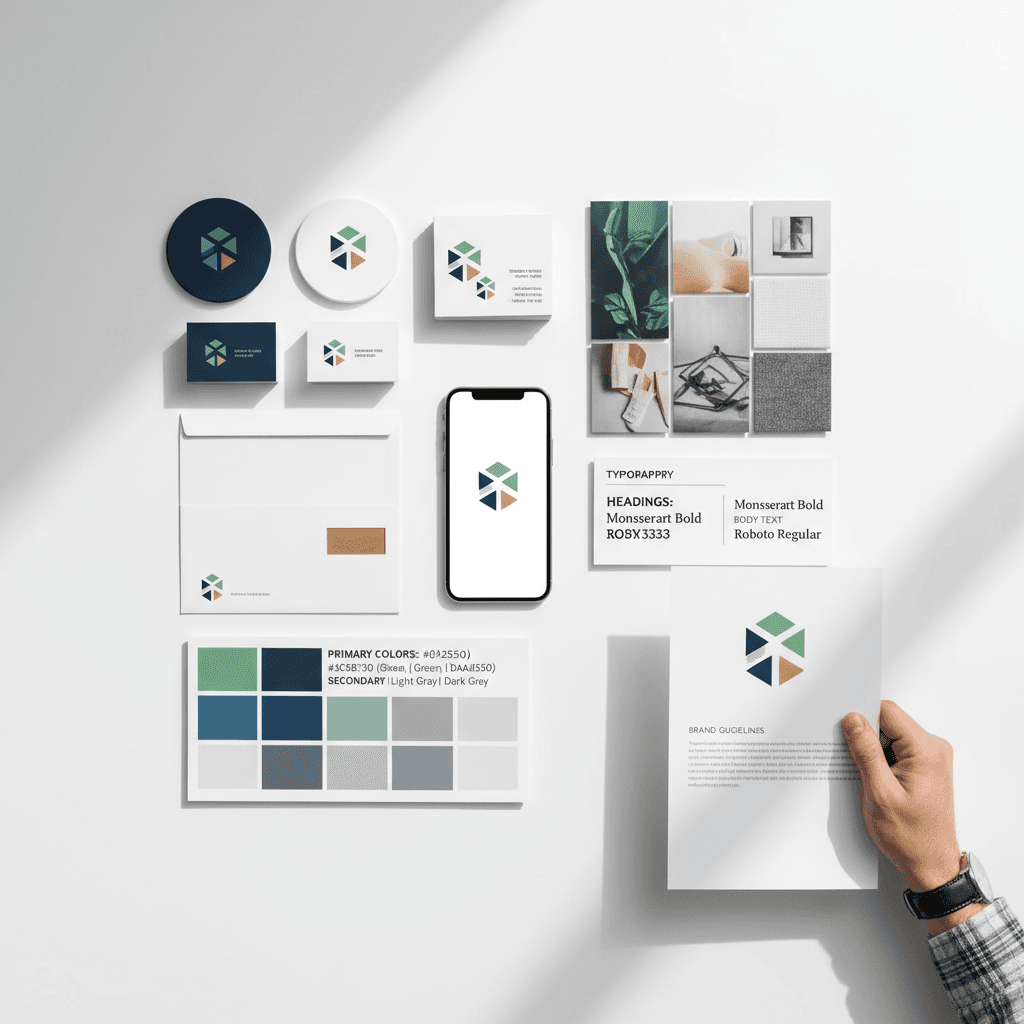 Brand identity guidelines showing logo design, color palette, and typography for construction business