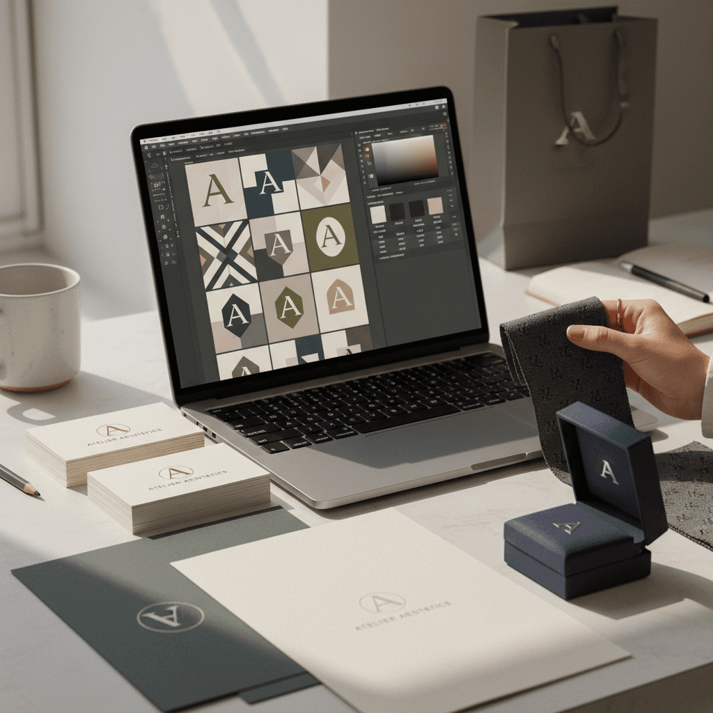 Designer's workspace showing digital brand identity exploration on laptop screen with printed samples and premium material swatches